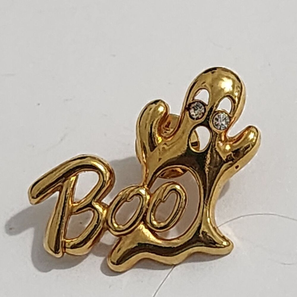 Avon Boo Halloween Gold Tone Figural Ghost  Pin Brooch Rhinestone Eyes VTG